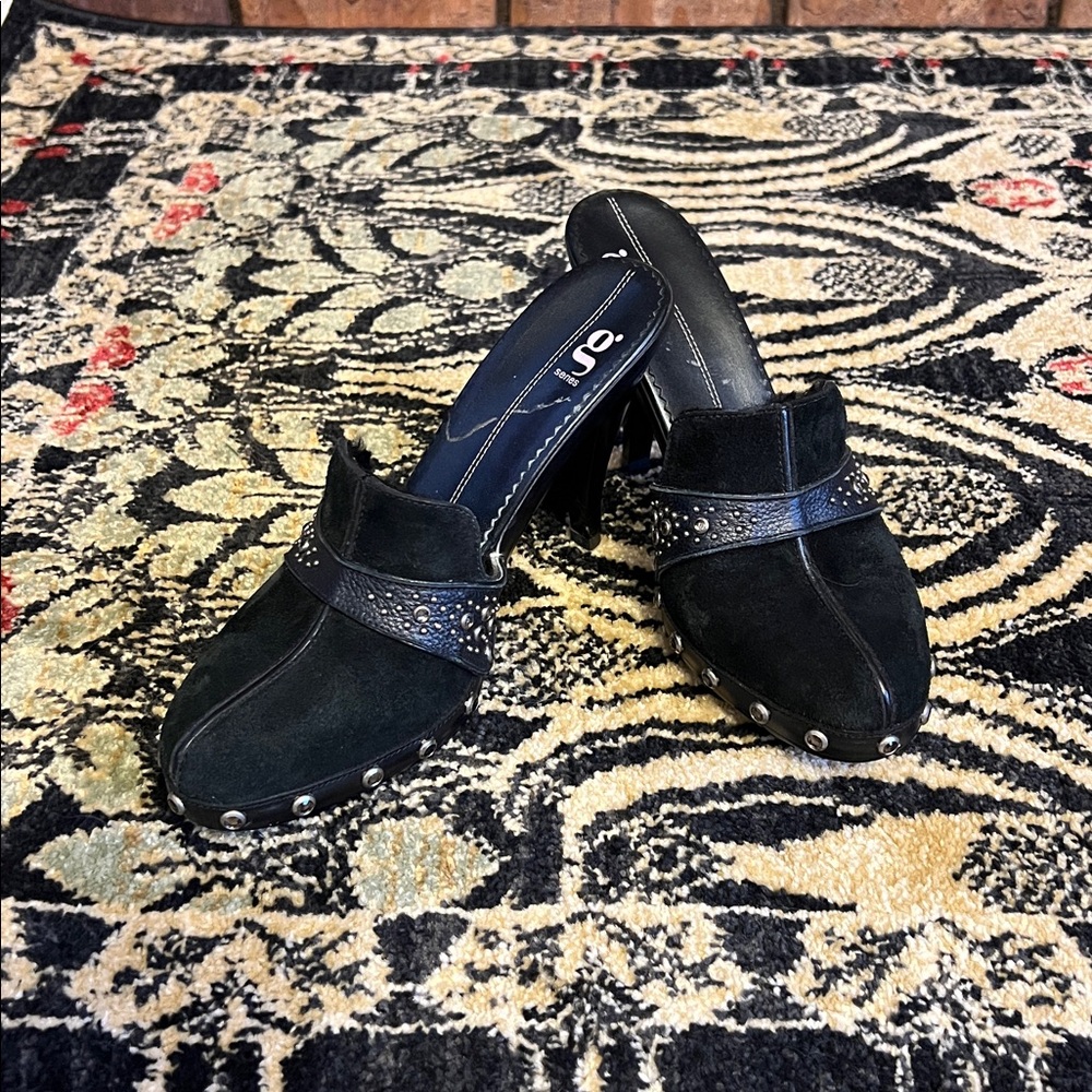 Black Suede Studded Mule Heels
